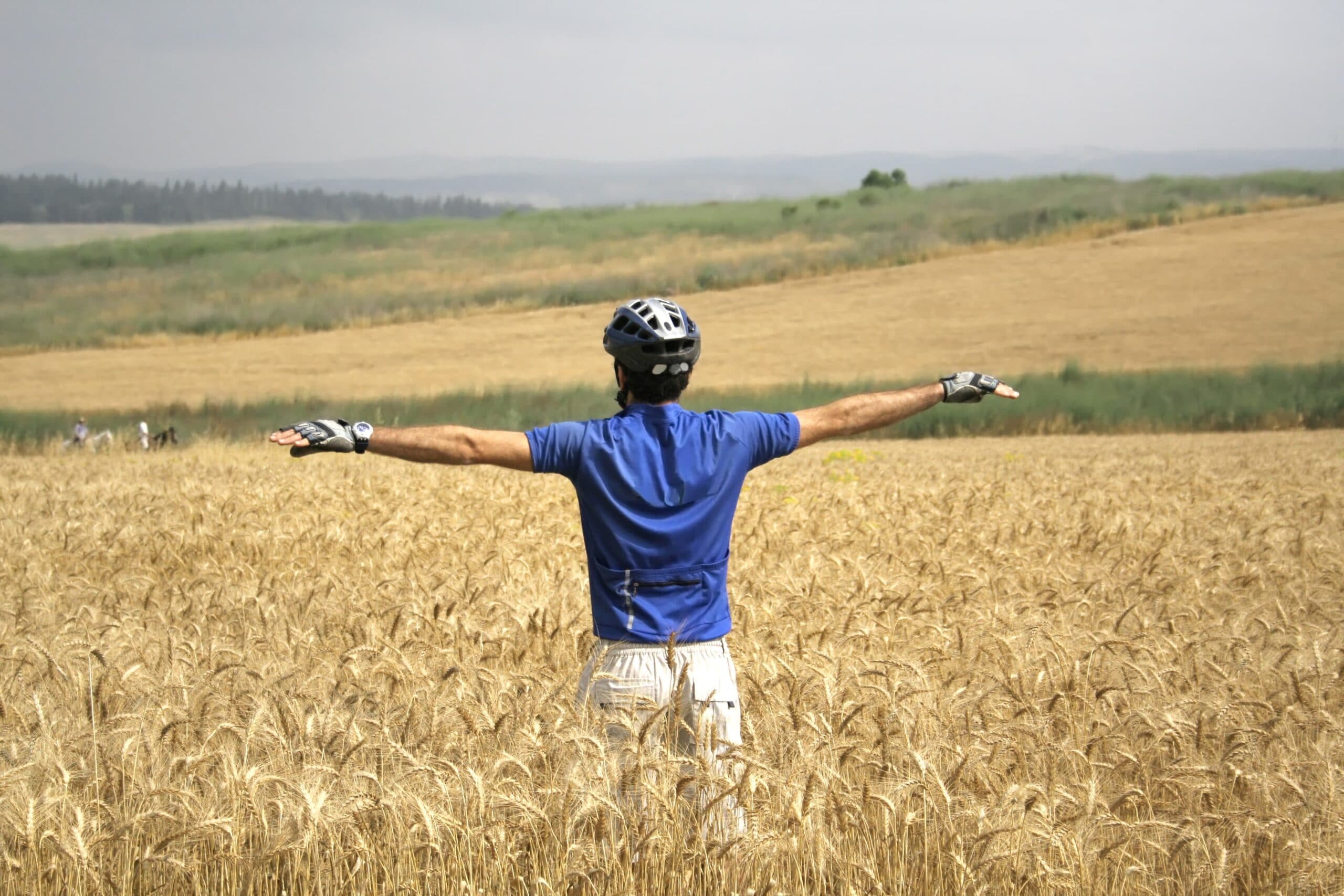 cyclist in field of hay scaled