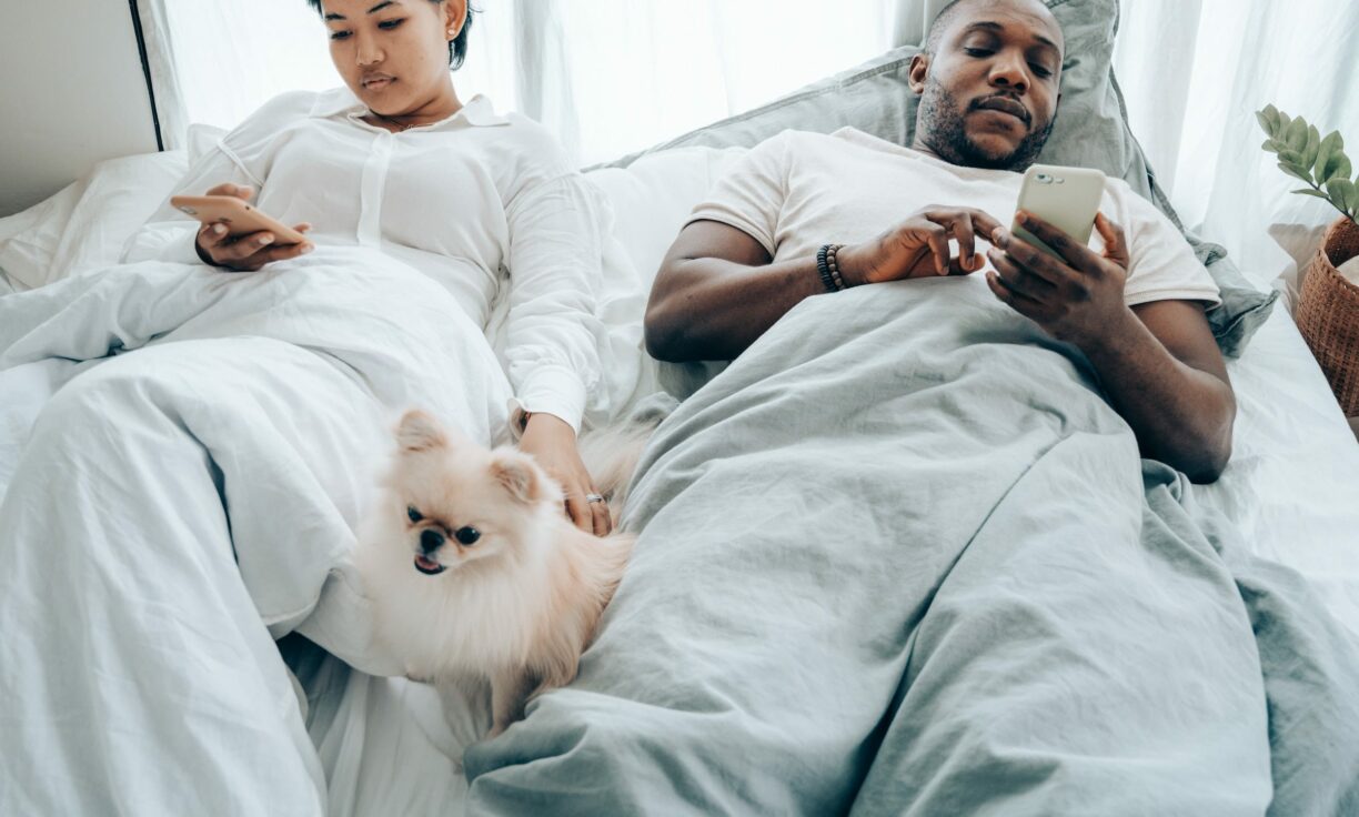 couple in bed look at phones