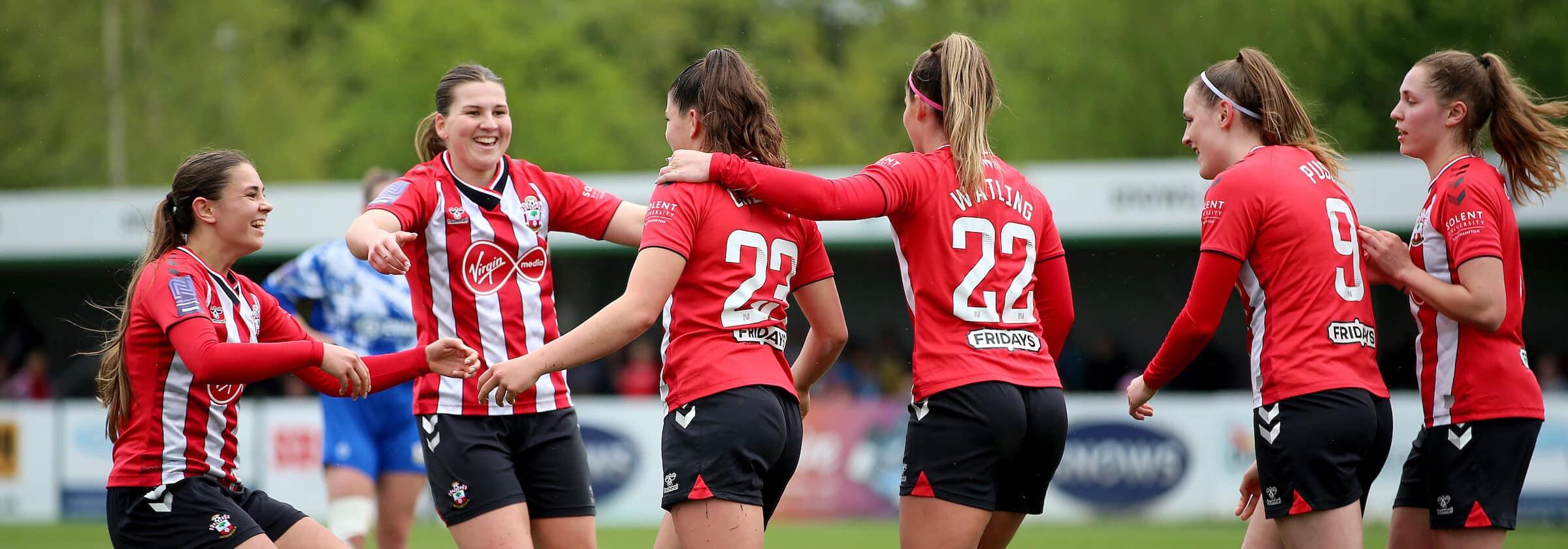 Megan Collett of Southampton celebrates scoring with team mates during The FA Womens National League match between Southampton Women and Cardiff City e1653044181736