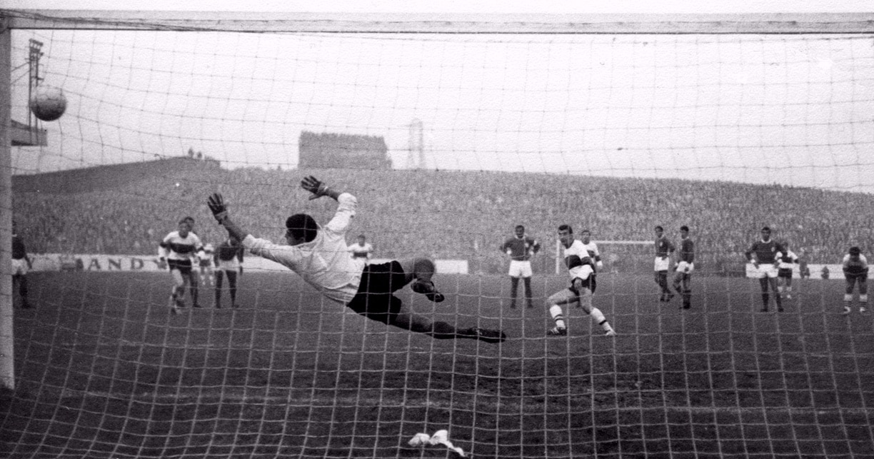 John colrain scores from the penalty spot during the glens’ 1-1 draw with benfica in the 1967 european cup